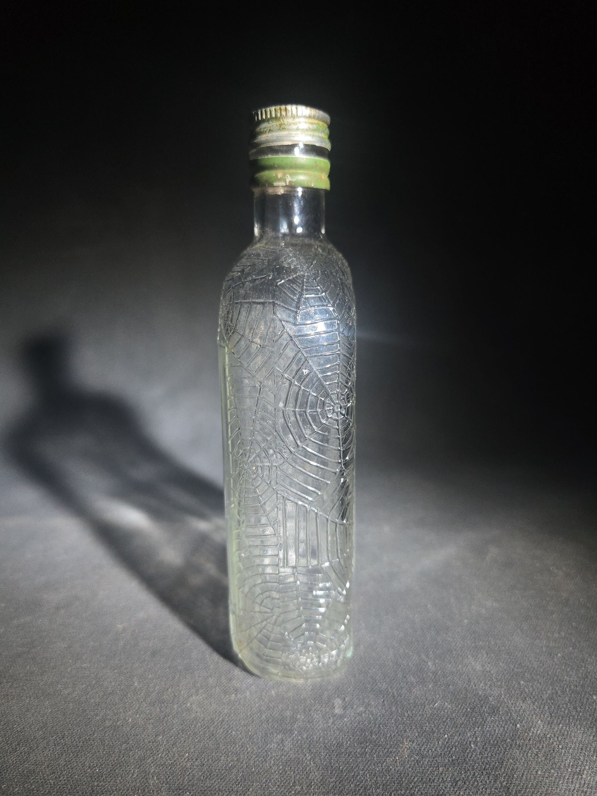 Antique Hiram Walker Spider Web Clear Glass Whiskey Bottle with Green Screw Cap