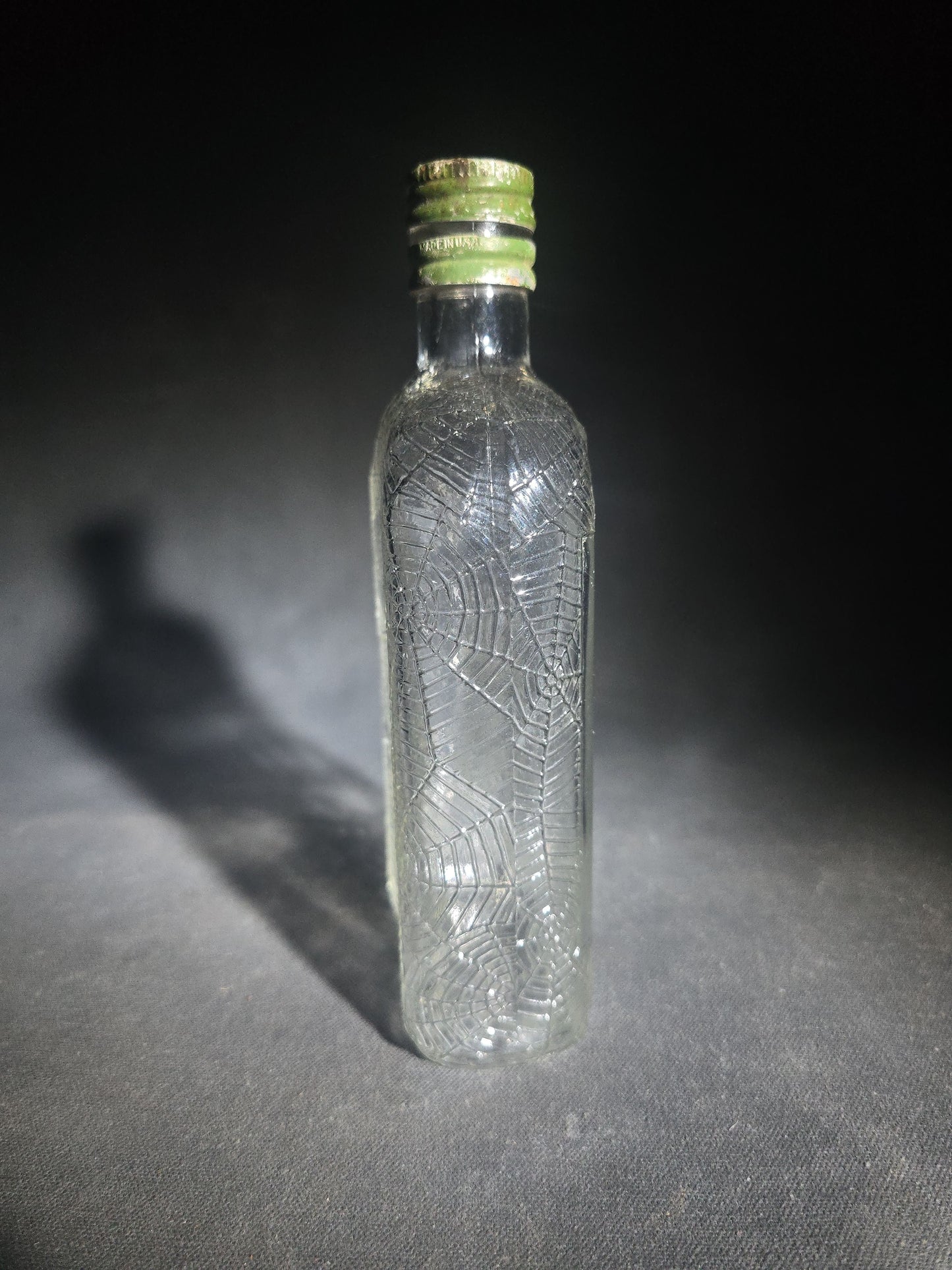 Antique Hiram Walker Spider Web Clear Glass Whiskey Bottle with Green Screw Cap