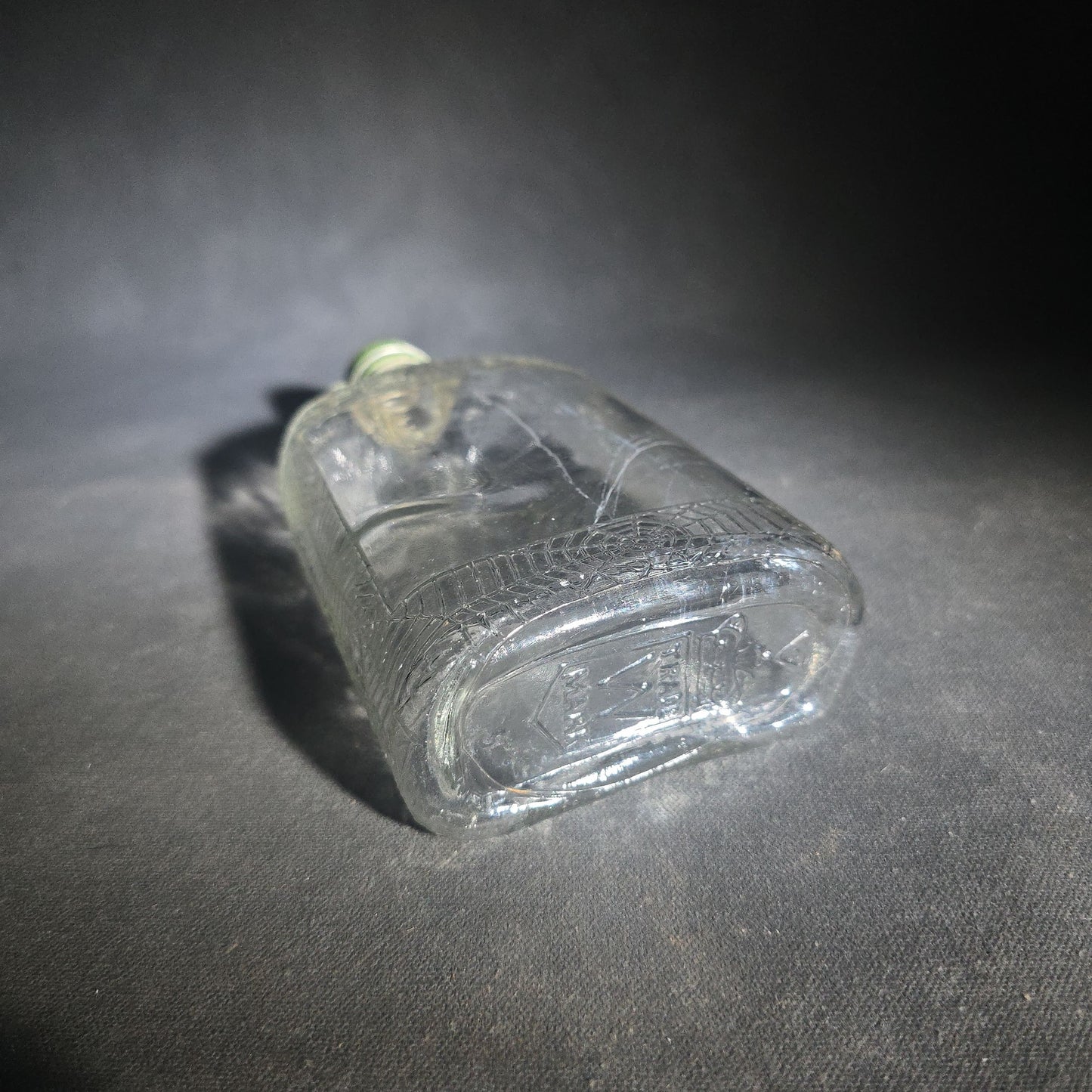 Antique Hiram Walker Spider Web Clear Glass Whiskey Bottle with Green Screw Cap
