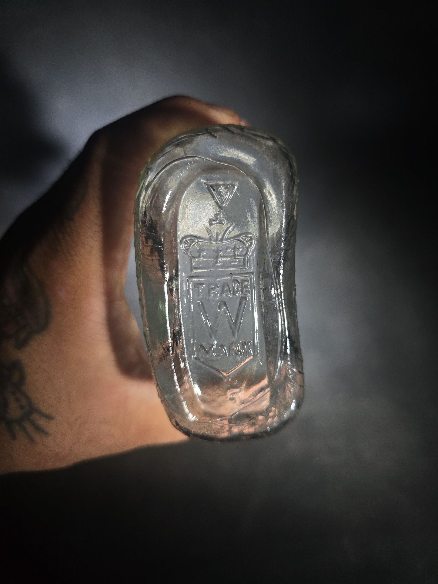 Antique Hiram Walker Spider Web Clear Glass Whiskey Bottle with Green Screw Cap