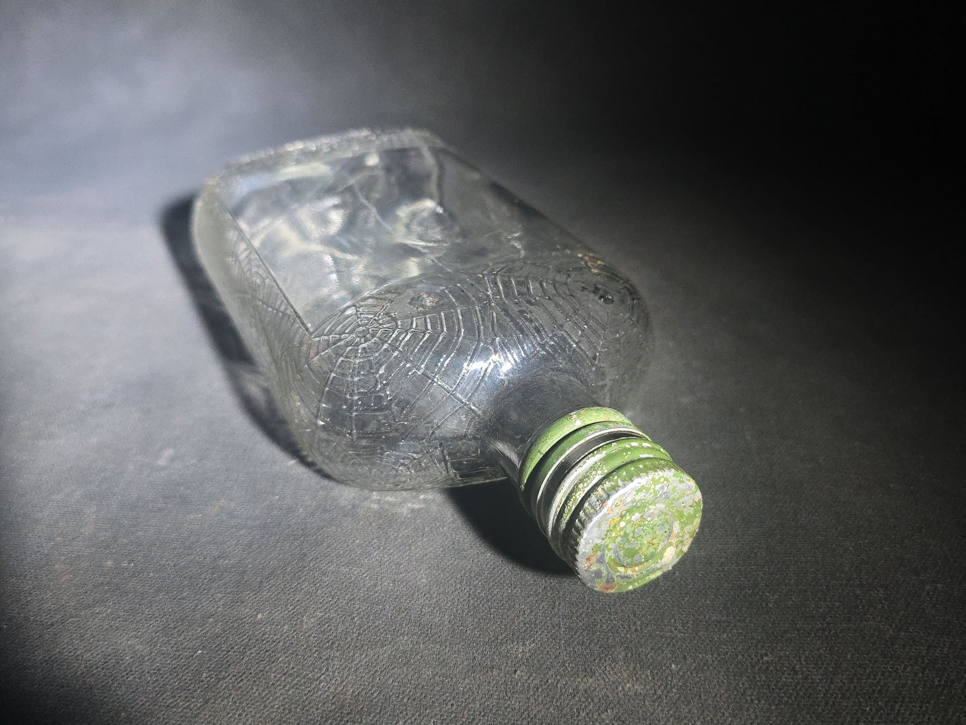Antique Hiram Walker Spider Web Clear Glass Whiskey Bottle with Green Screw Cap
