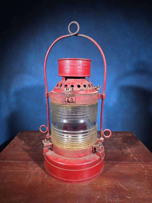 Vintage Red Fresnel Globe "Mohawk Lamp" Canal Lantern Marked "New York State Canals," Manufactured by Dressel, Arlington, New Jersey