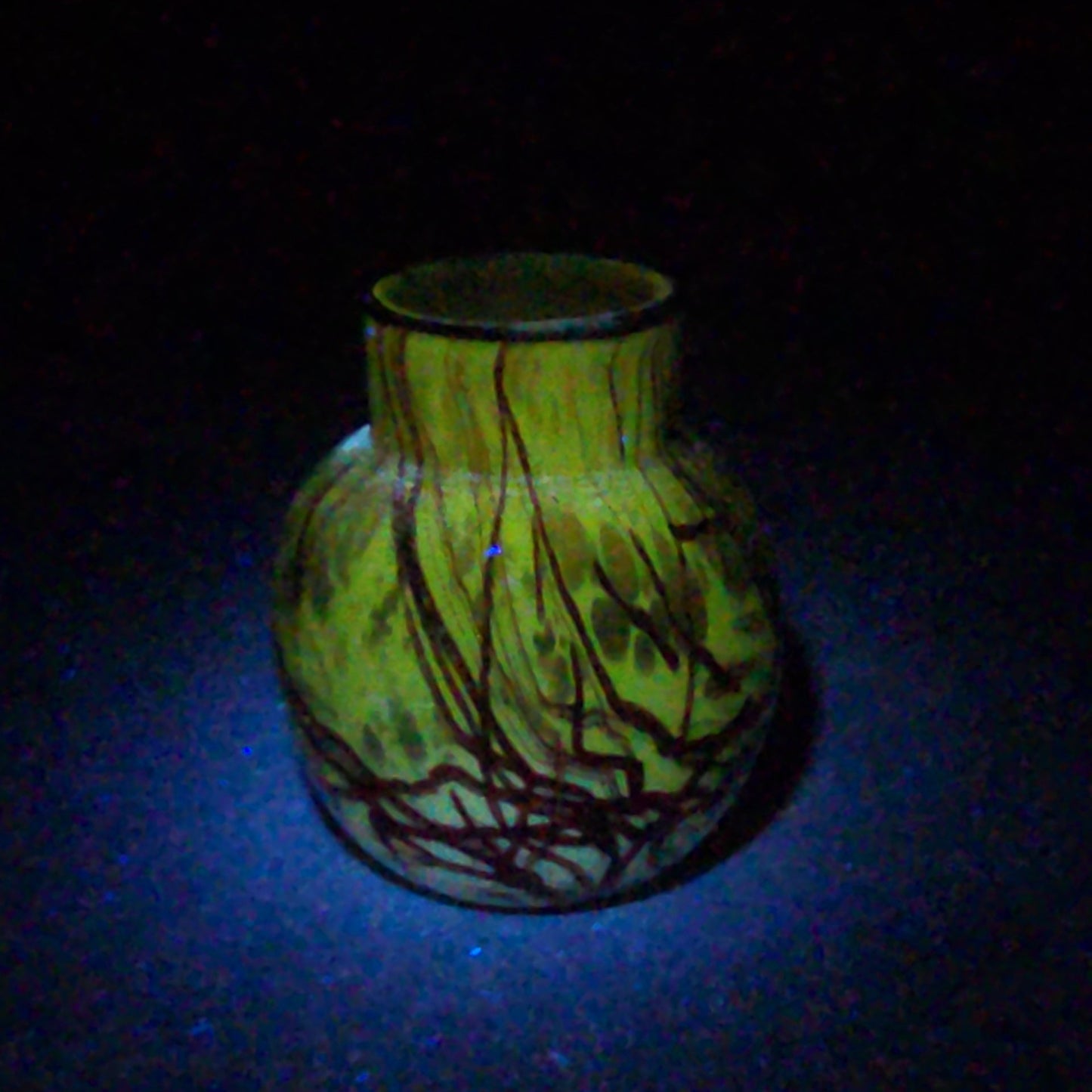 Vintage Hand-Blown Art Glass Bud Vase with Red Threaded Design, UV Reactive
