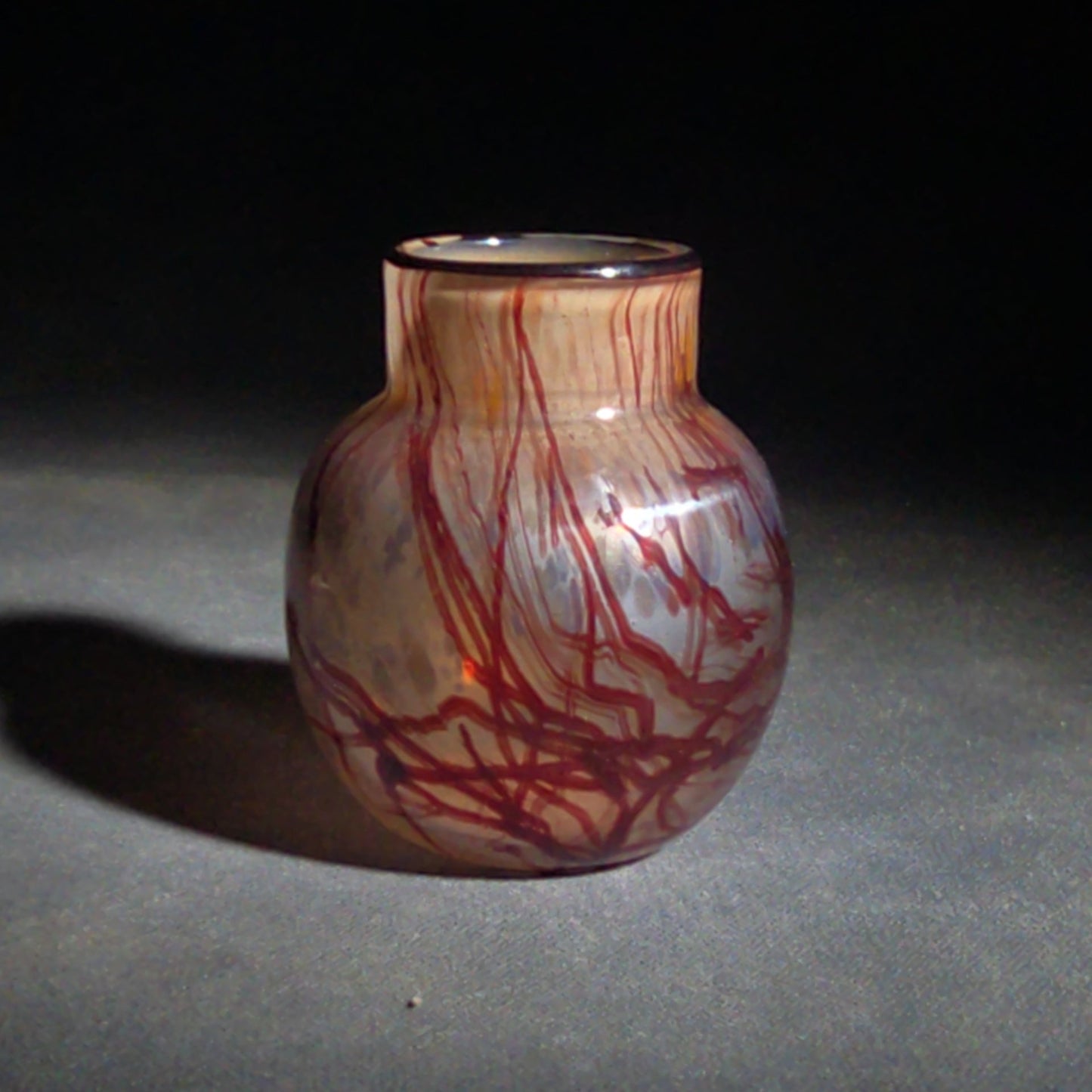 Vintage Hand-Blown Art Glass Bud Vase with Red Threaded Design, UV Reactive