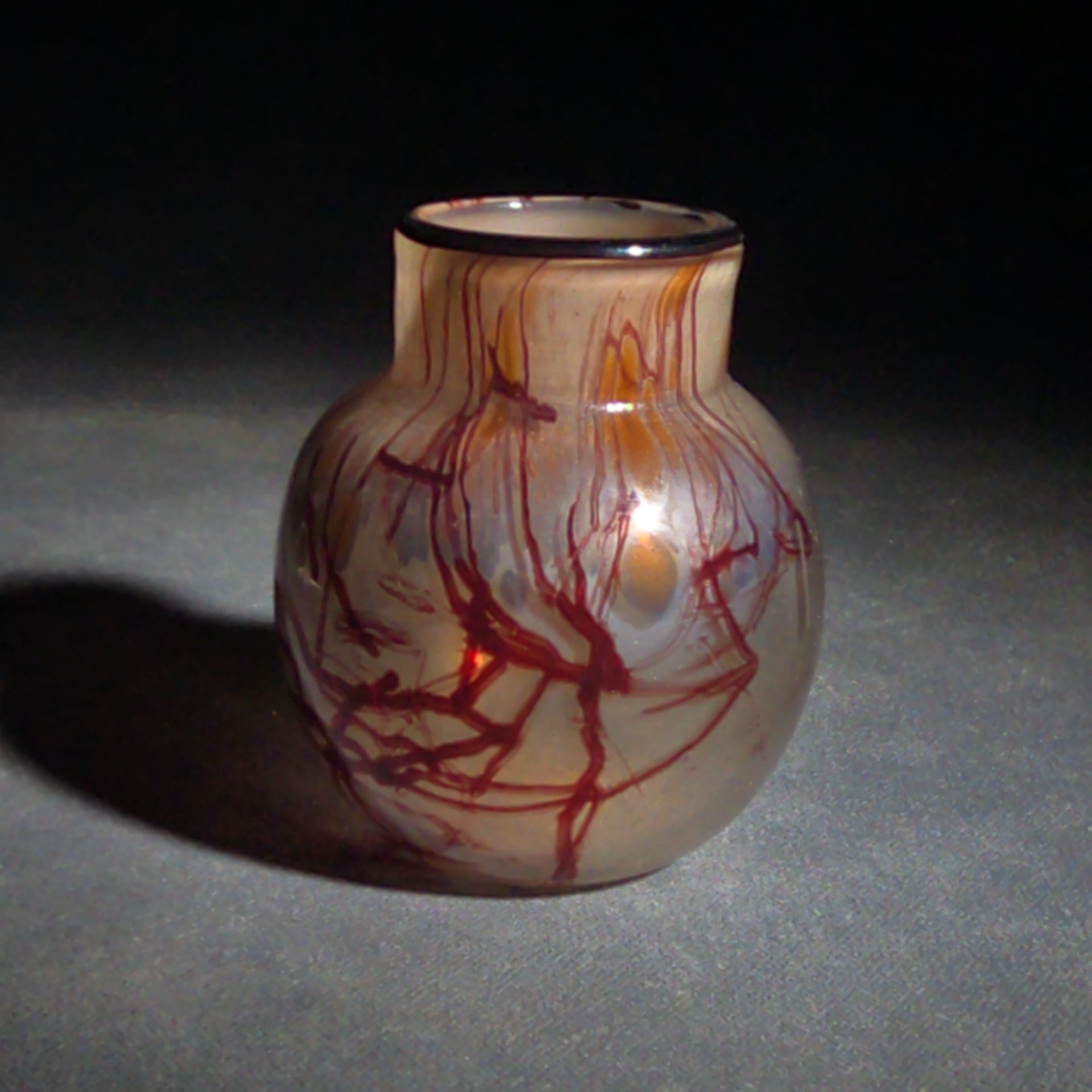 Vintage Hand-Blown Art Glass Bud Vase with Red Threaded Design, UV Reactive