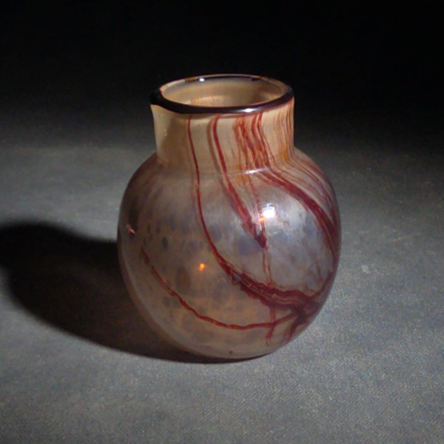 Vintage Hand-Blown Art Glass Bud Vase with Red Threaded Design, UV Reactive