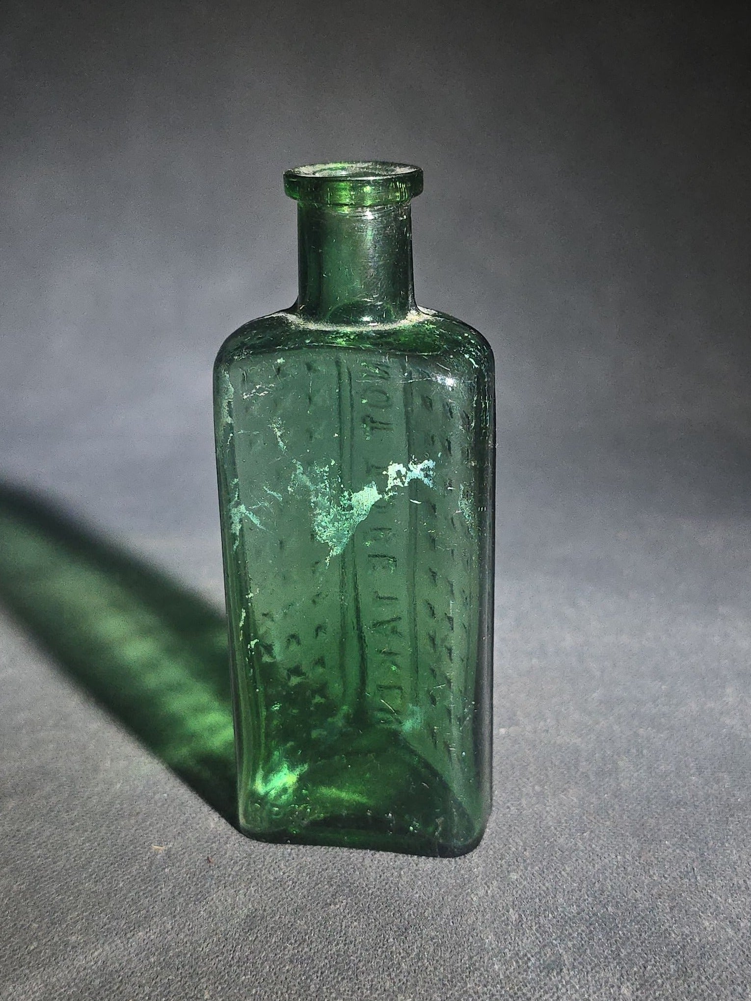 Antique Green Glass Hexagonal Poison Bottle Embossed "Not to Be Taken" with Cross-Hatch Hobnail Pattern and Vertical Ribs