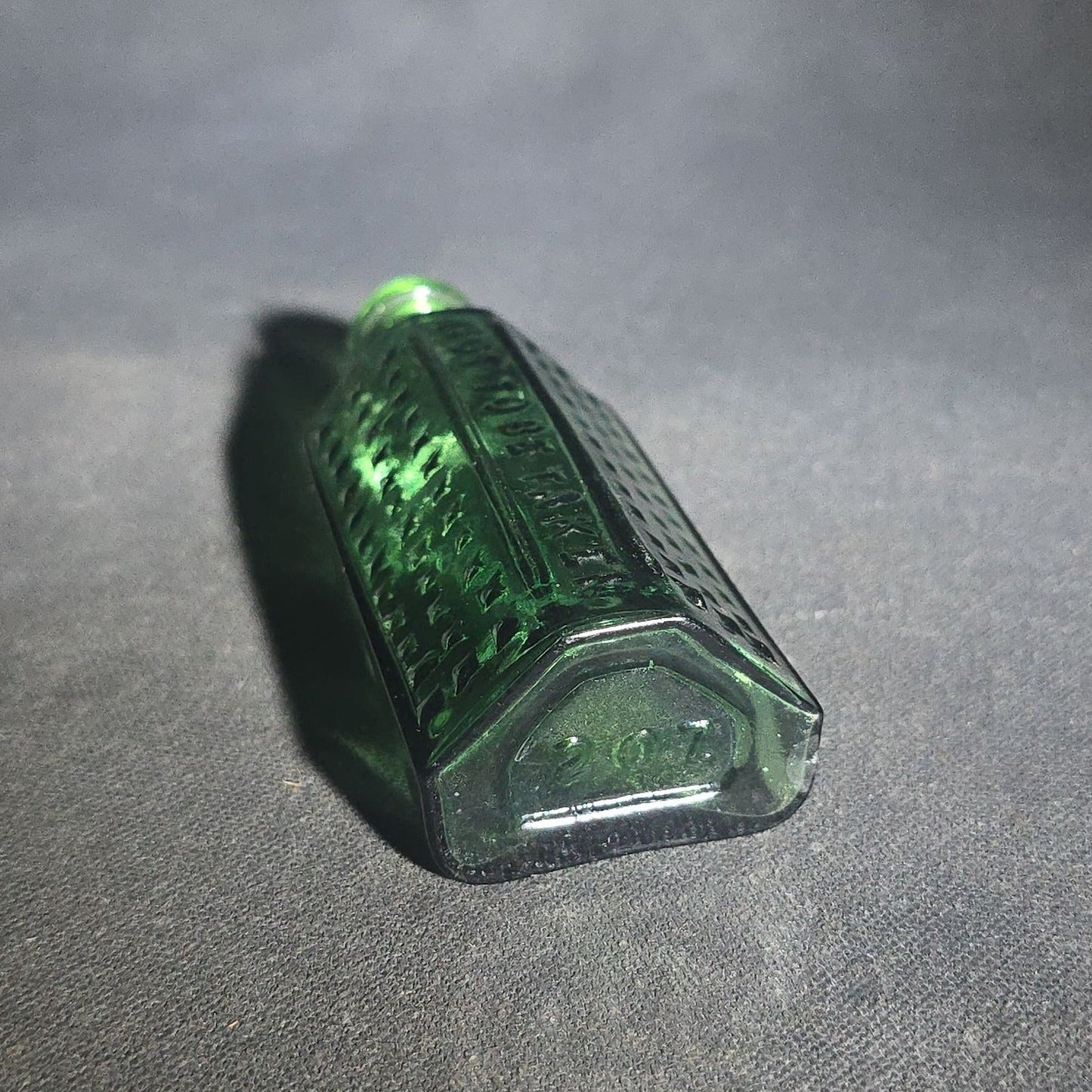 Antique Green Glass Hexagonal Poison Bottle Embossed "Not to Be Taken" with Cross-Hatch Hobnail Pattern and Vertical Ribs