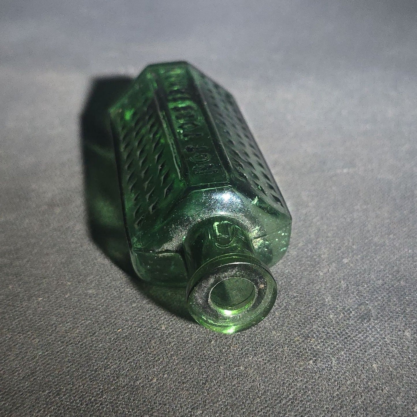 Antique Green Glass Hexagonal Poison Bottle Embossed "Not to Be Taken" with Cross-Hatch Hobnail Pattern and Vertical Ribs