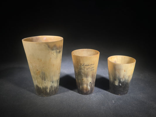 Trio of Antique Horn Cups including Souvenir Cup Inscribed Indian Head, N.H.