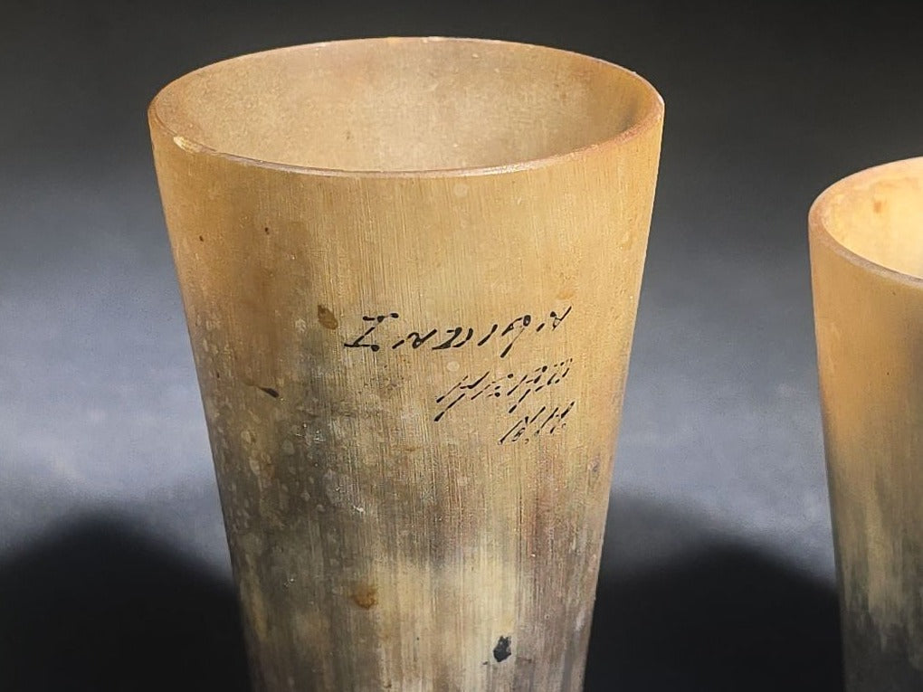 Trio of Antique Horn Cups including Souvenir Cup Inscribed Indian Head, N.H.