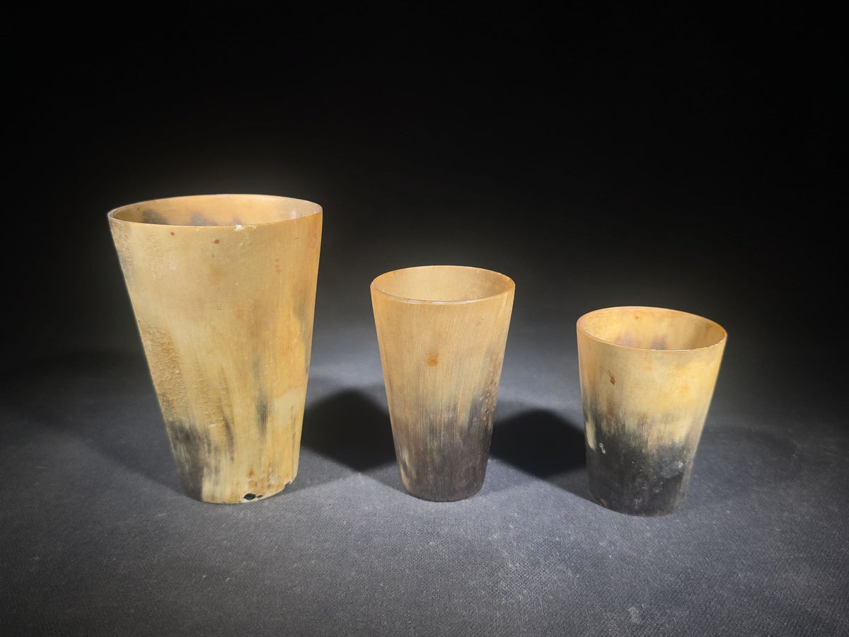 Trio of Antique Horn Cups including Souvenir Cup Inscribed Indian Head, N.H.