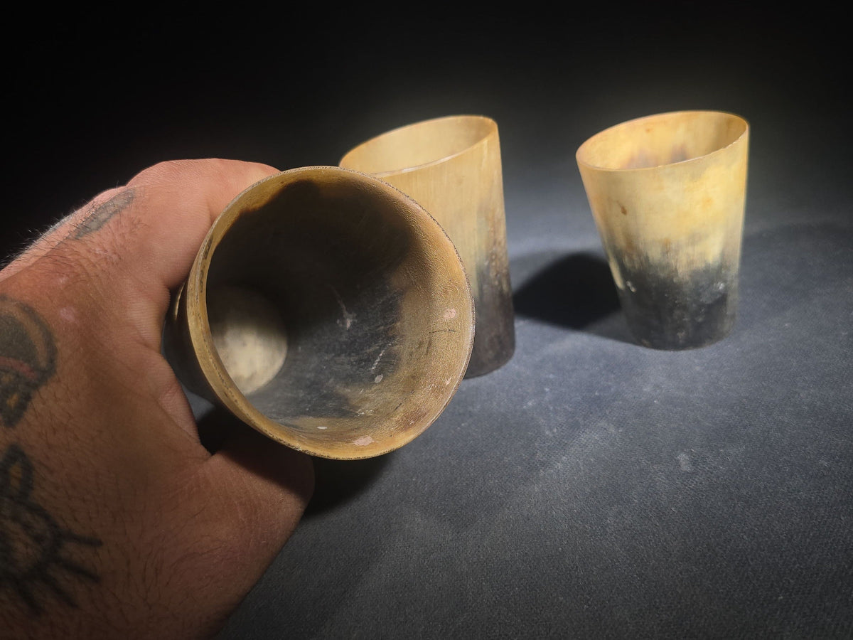 Trio of Antique Horn Cups including Souvenir Cup Inscribed Indian Head, N.H.