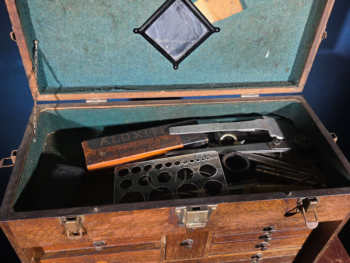 Antique Oak Machinist's Tool Chest with Contents, Manufactured by H. Gerstner & Sons, Dayton, Ohio