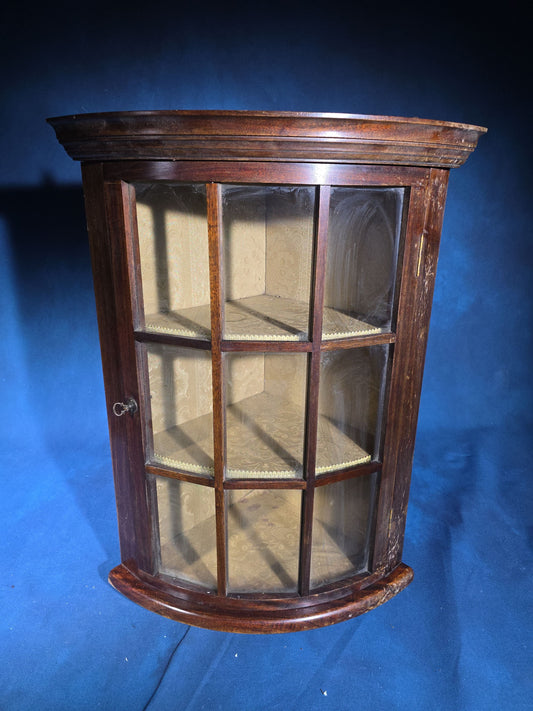 Vintage Bow-Front Hanging Corner Cabinet with Nine-Pane Glazed Door