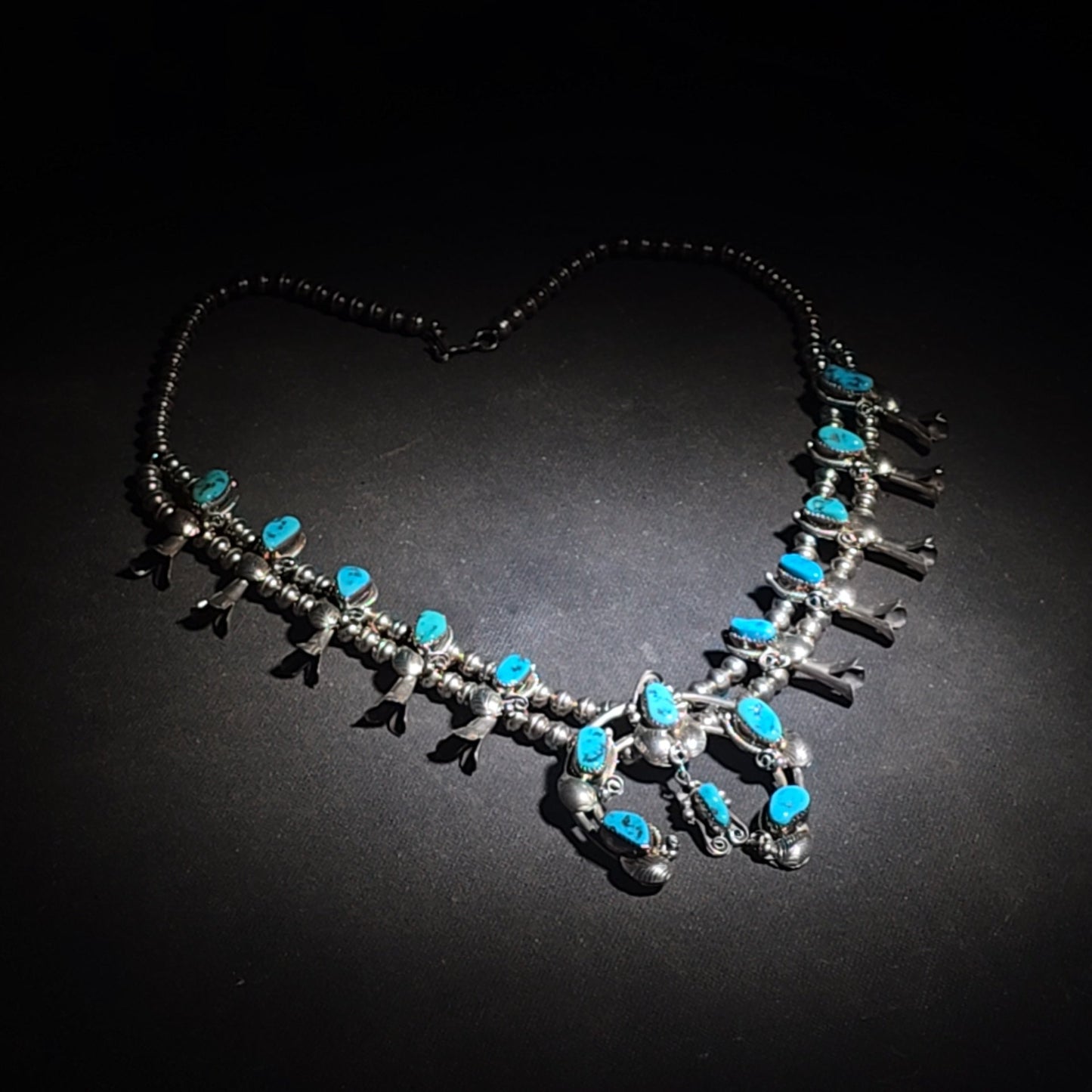 Vintage Navajo Sterling Silver and Turquoise Squash Blossom Necklace with Naja Pendant, Signed L. Hill, Attributed to Les Hill, Circa 1970s