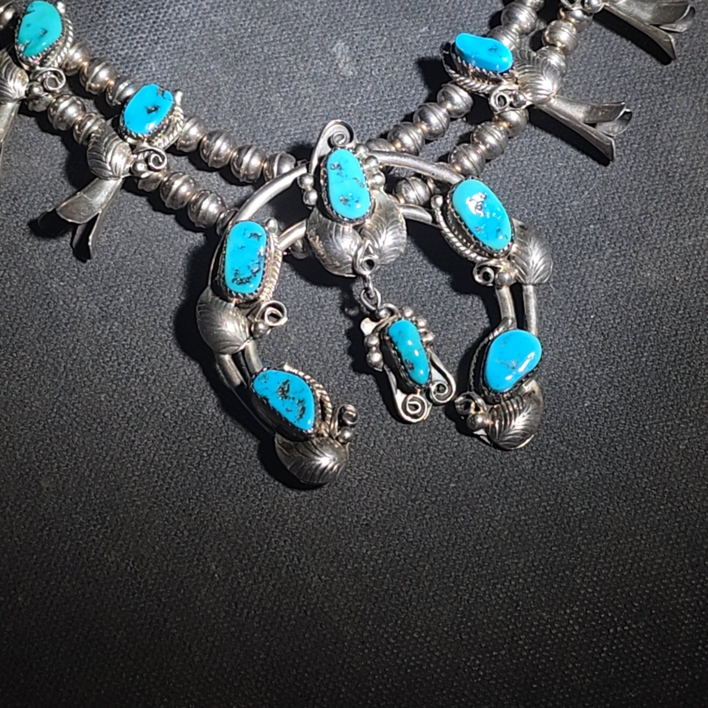 Vintage Navajo Sterling Silver and Turquoise Squash Blossom Necklace with Naja Pendant, Signed L. Hill, Attributed to Les Hill, Circa 1970s