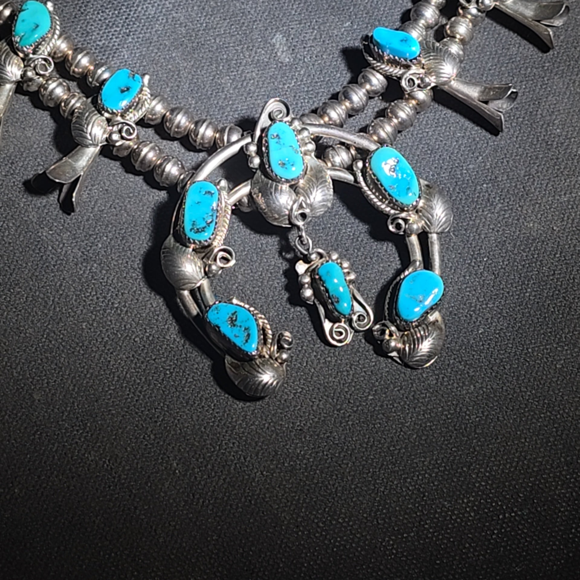 Vintage Navajo Sterling Silver and Turquoise Squash Blossom Necklace with Naja Pendant, Signed L. Hill, Attributed to Les Hill, Circa 1970s