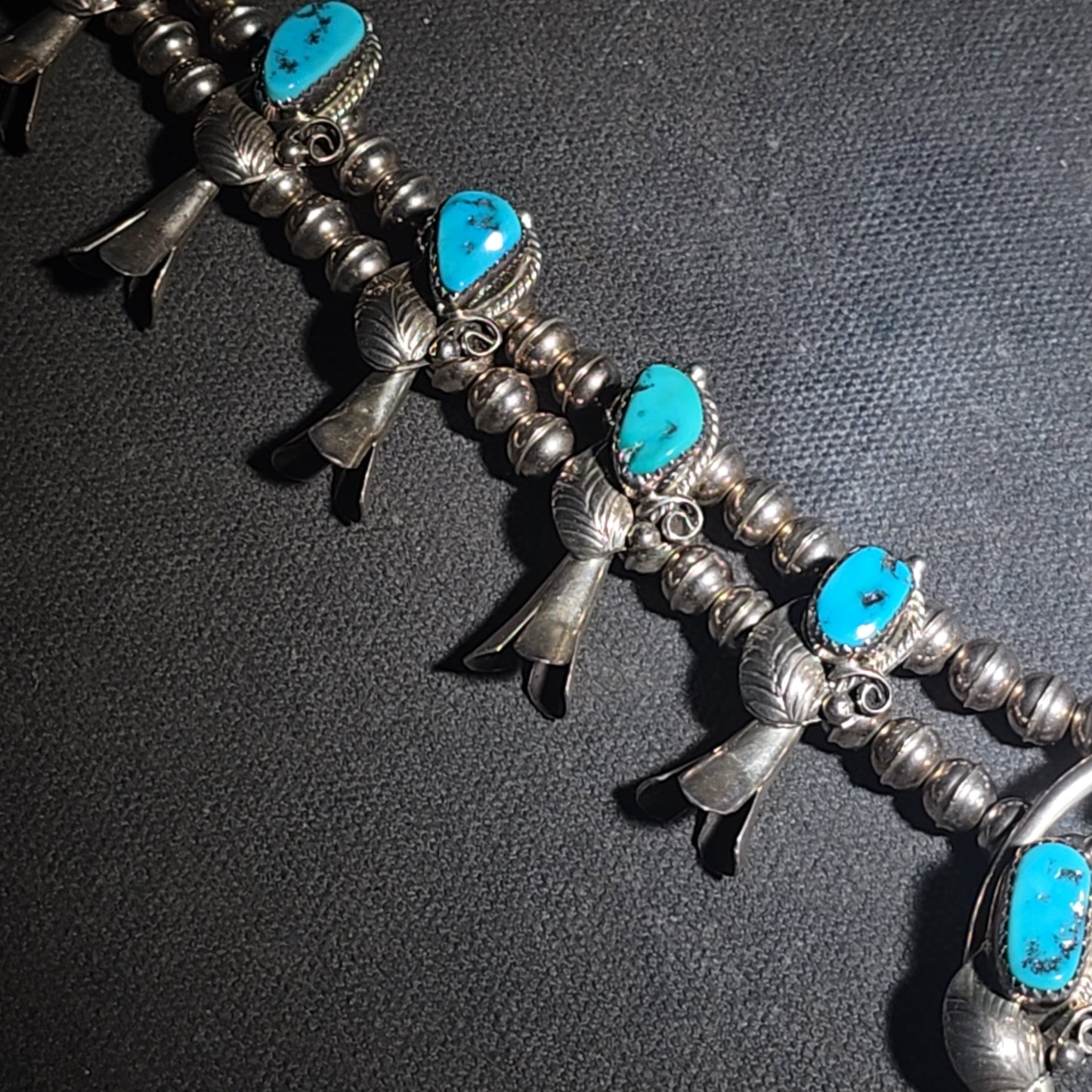Vintage Navajo Sterling Silver and Turquoise Squash Blossom Necklace with Naja Pendant, Signed L. Hill, Attributed to Les Hill, Circa 1970s