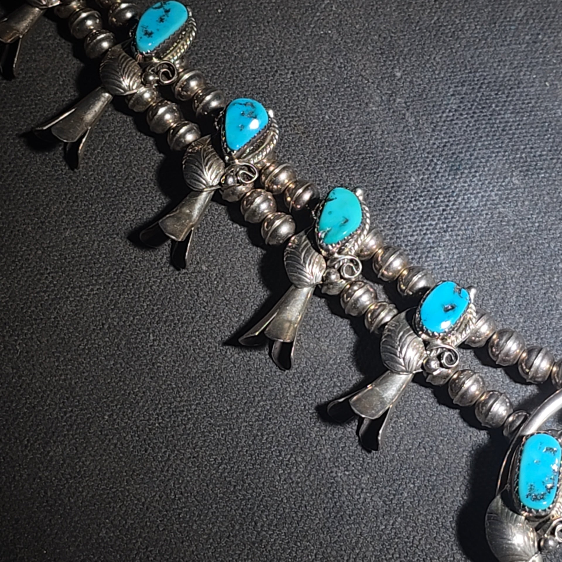 Vintage Navajo Sterling Silver and Turquoise Squash Blossom Necklace with Naja Pendant, Signed L. Hill, Attributed to Les Hill, Circa 1970s