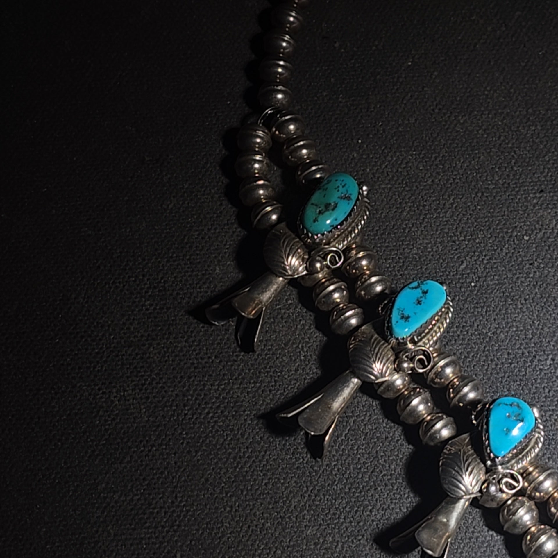 Vintage Navajo Sterling Silver and Turquoise Squash Blossom Necklace with Naja Pendant, Signed L. Hill, Attributed to Les Hill, Circa 1970s