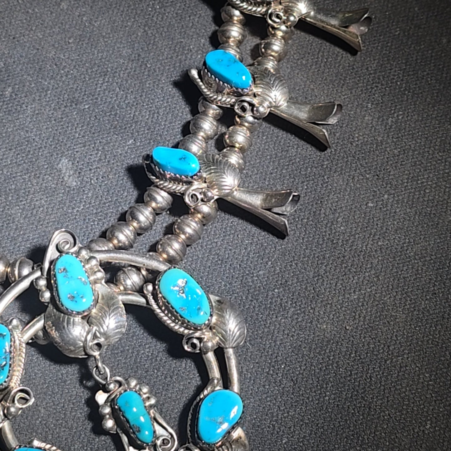 Vintage Navajo Sterling Silver and Turquoise Squash Blossom Necklace with Naja Pendant, Signed L. Hill, Attributed to Les Hill, Circa 1970s