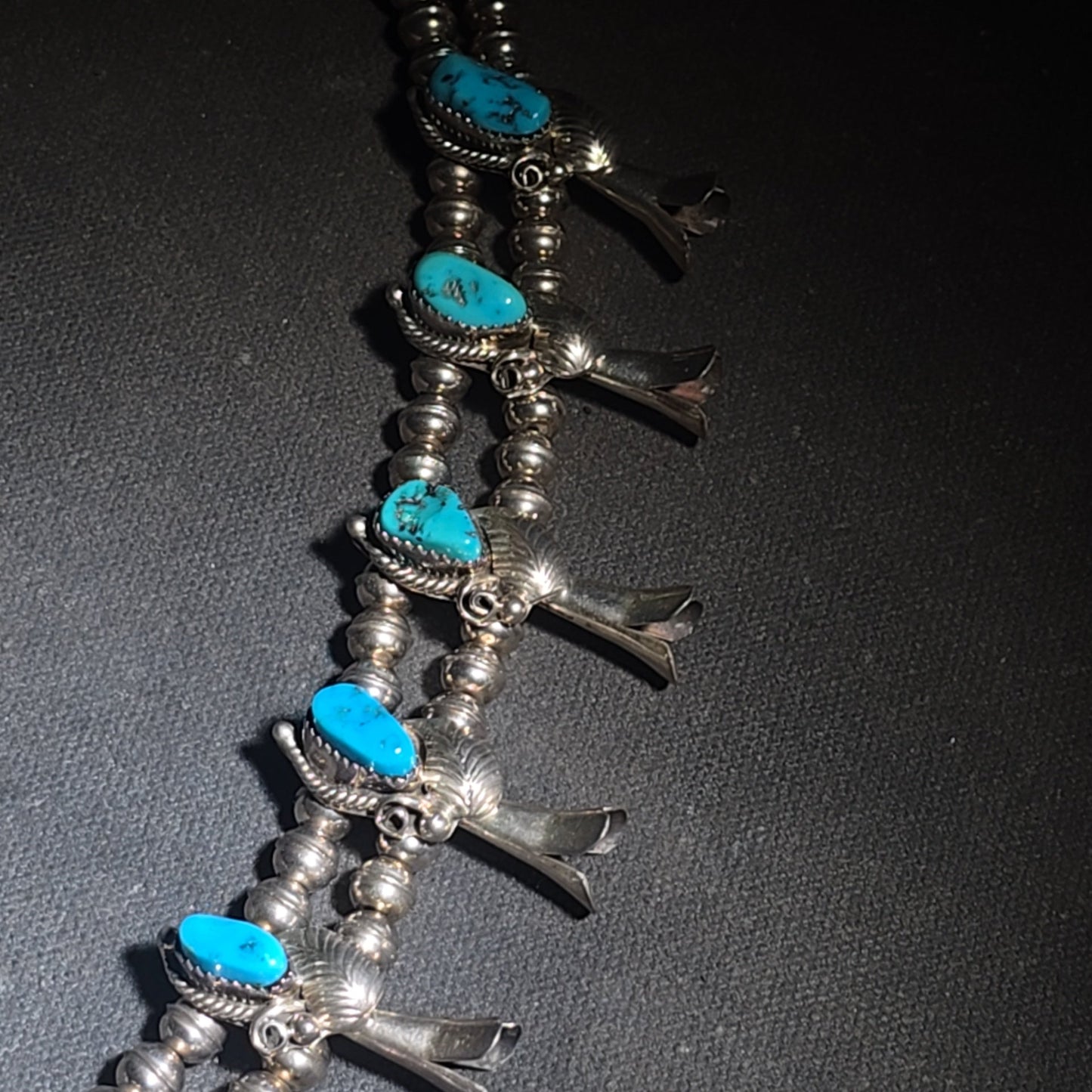 Vintage Navajo Sterling Silver and Turquoise Squash Blossom Necklace with Naja Pendant, Signed L. Hill, Attributed to Les Hill, Circa 1970s
