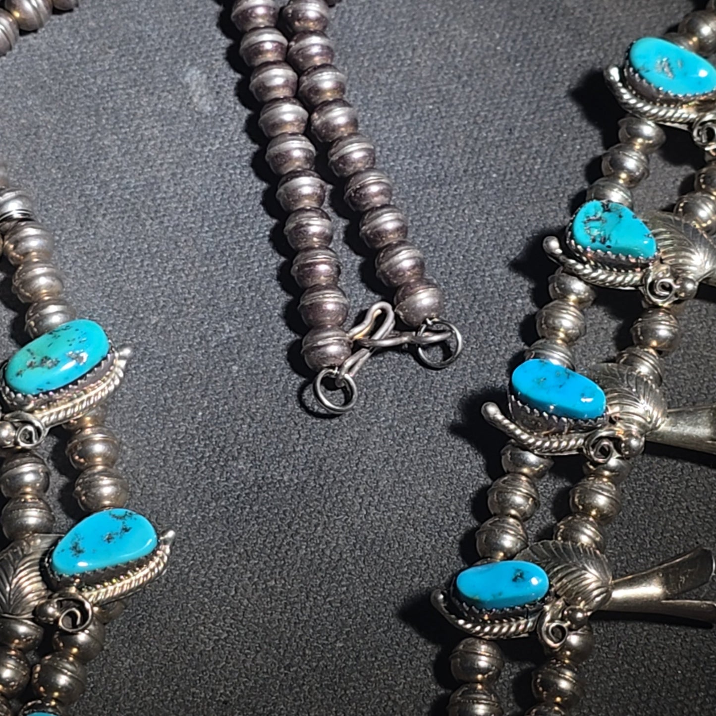 Vintage Navajo Sterling Silver and Turquoise Squash Blossom Necklace with Naja Pendant, Signed L. Hill, Attributed to Les Hill, Circa 1970s