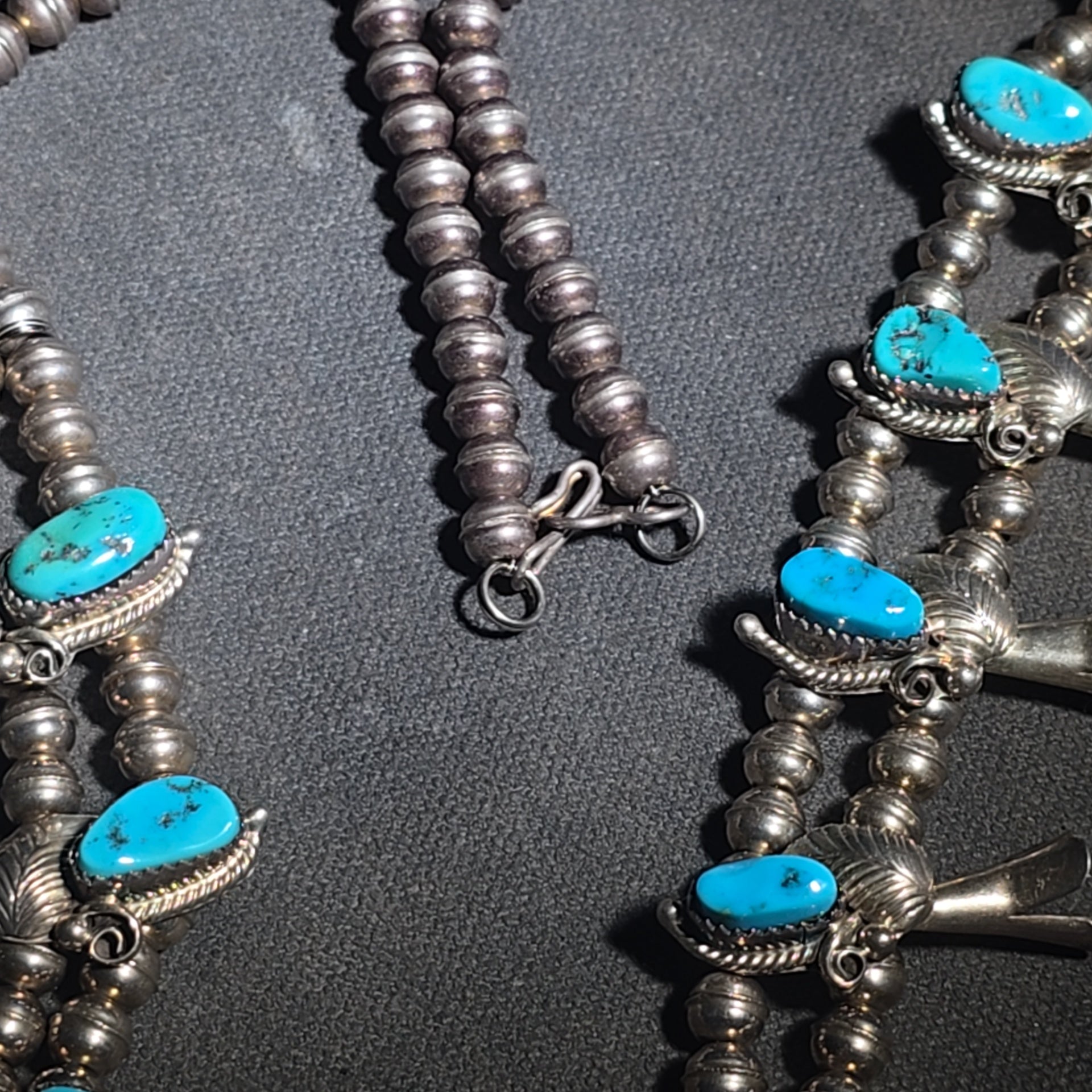 Vintage Navajo Sterling Silver and Turquoise Squash Blossom Necklace with Naja Pendant, Signed L. Hill, Attributed to Les Hill, Circa 1970s
