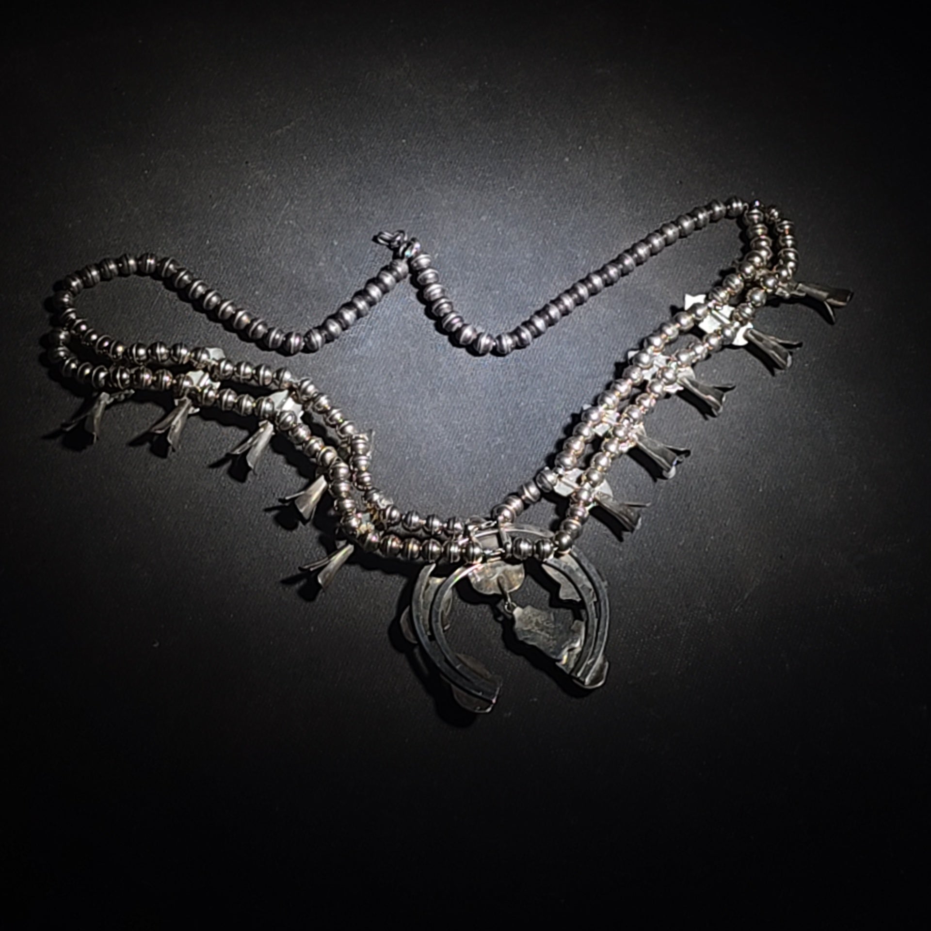 Vintage Navajo Sterling Silver and Turquoise Squash Blossom Necklace with Naja Pendant, Signed L. Hill, Attributed to Les Hill, Circa 1970s