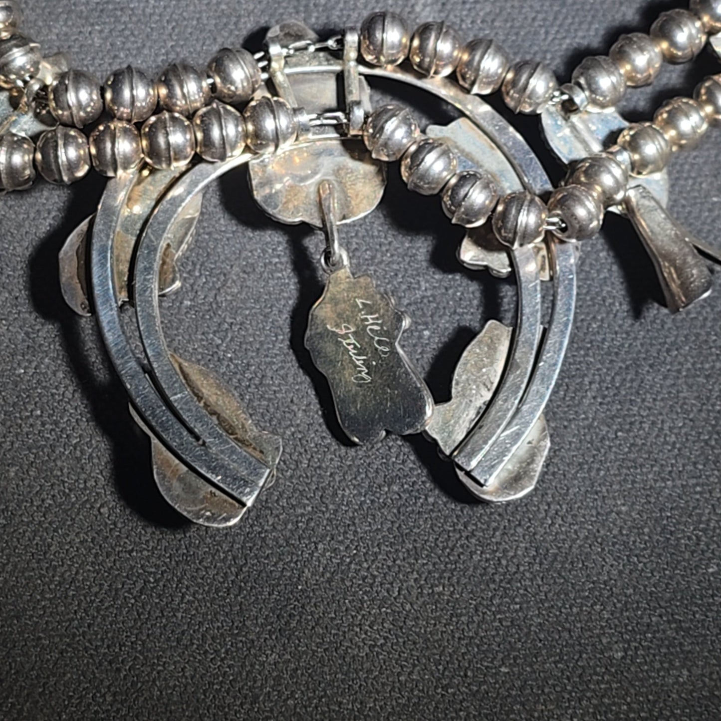 Vintage Navajo Sterling Silver and Turquoise Squash Blossom Necklace with Naja Pendant, Signed L. Hill, Attributed to Les Hill, Circa 1970s