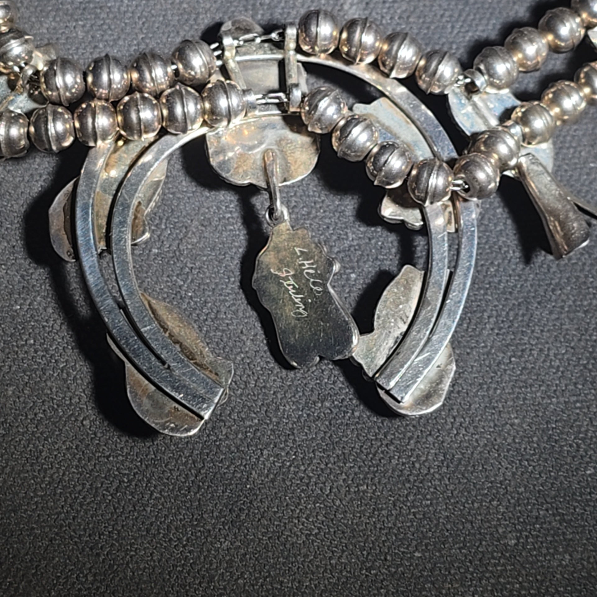 Vintage Navajo Sterling Silver and Turquoise Squash Blossom Necklace with Naja Pendant, Signed L. Hill, Attributed to Les Hill, Circa 1970s