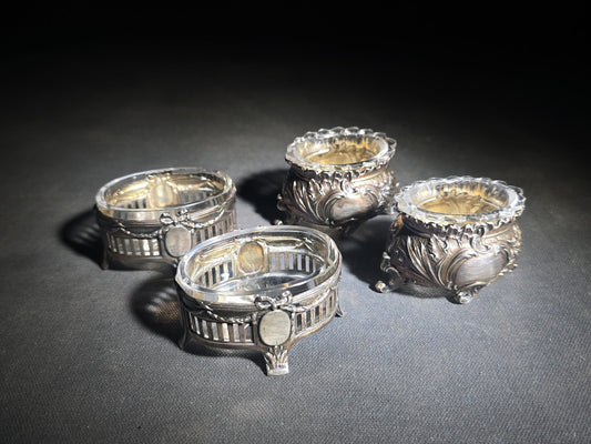 Two Pairs of Antique Open Salt Cellars with Glass Inserts in Rococo and Neoclassical Styles, Note Chips to All Four Glass Inserts