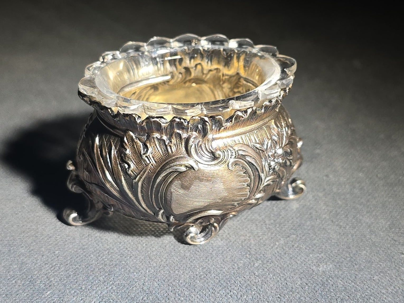 Two Pairs of Antique Open Salt Cellars with Glass Inserts in Rococo and Neoclassical Styles, Note Chips to All Four Glass Inserts