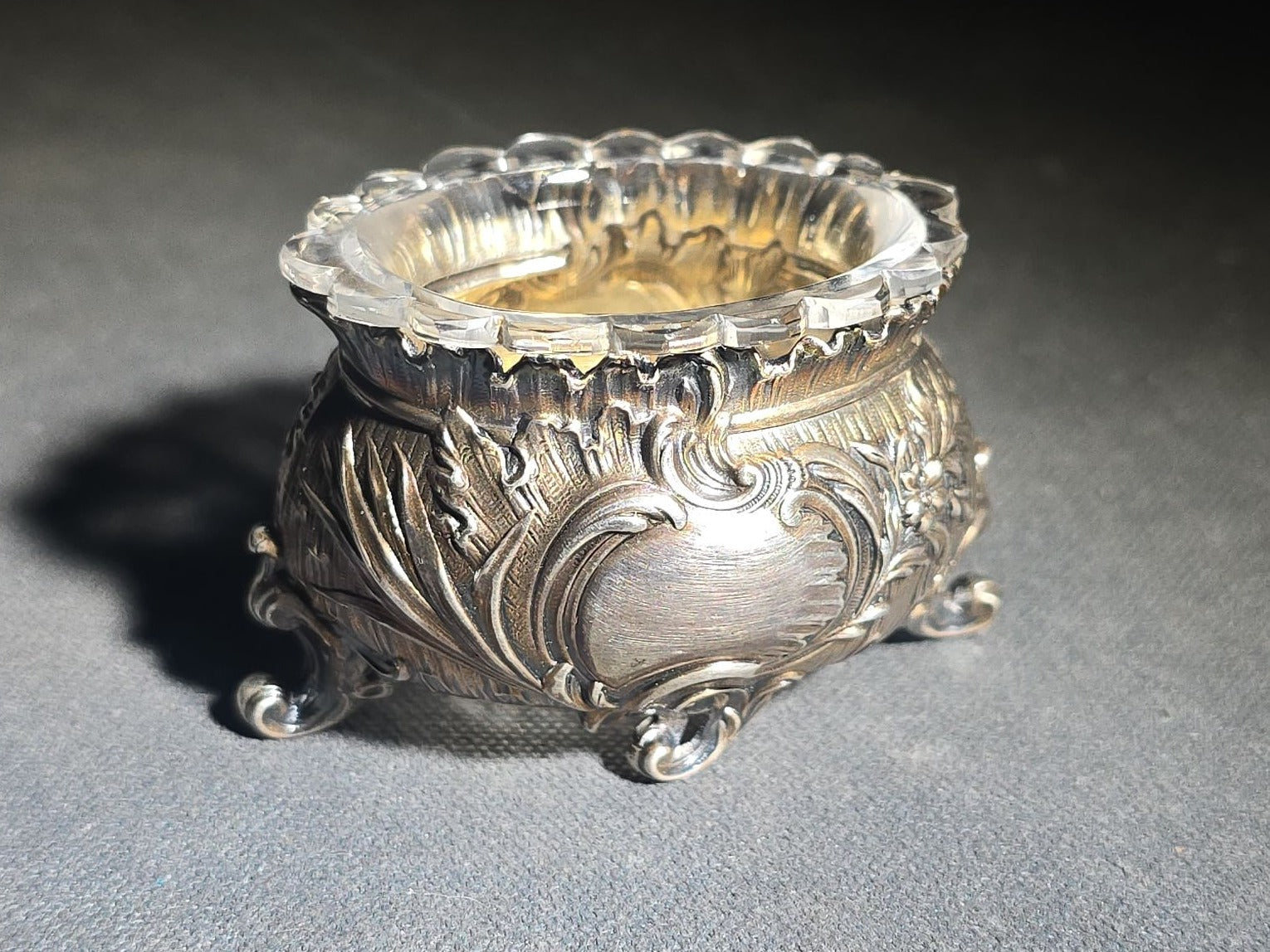 Two Pairs of Antique Open Salt Cellars with Glass Inserts in Rococo and Neoclassical Styles, Note Chips to All Four Glass Inserts