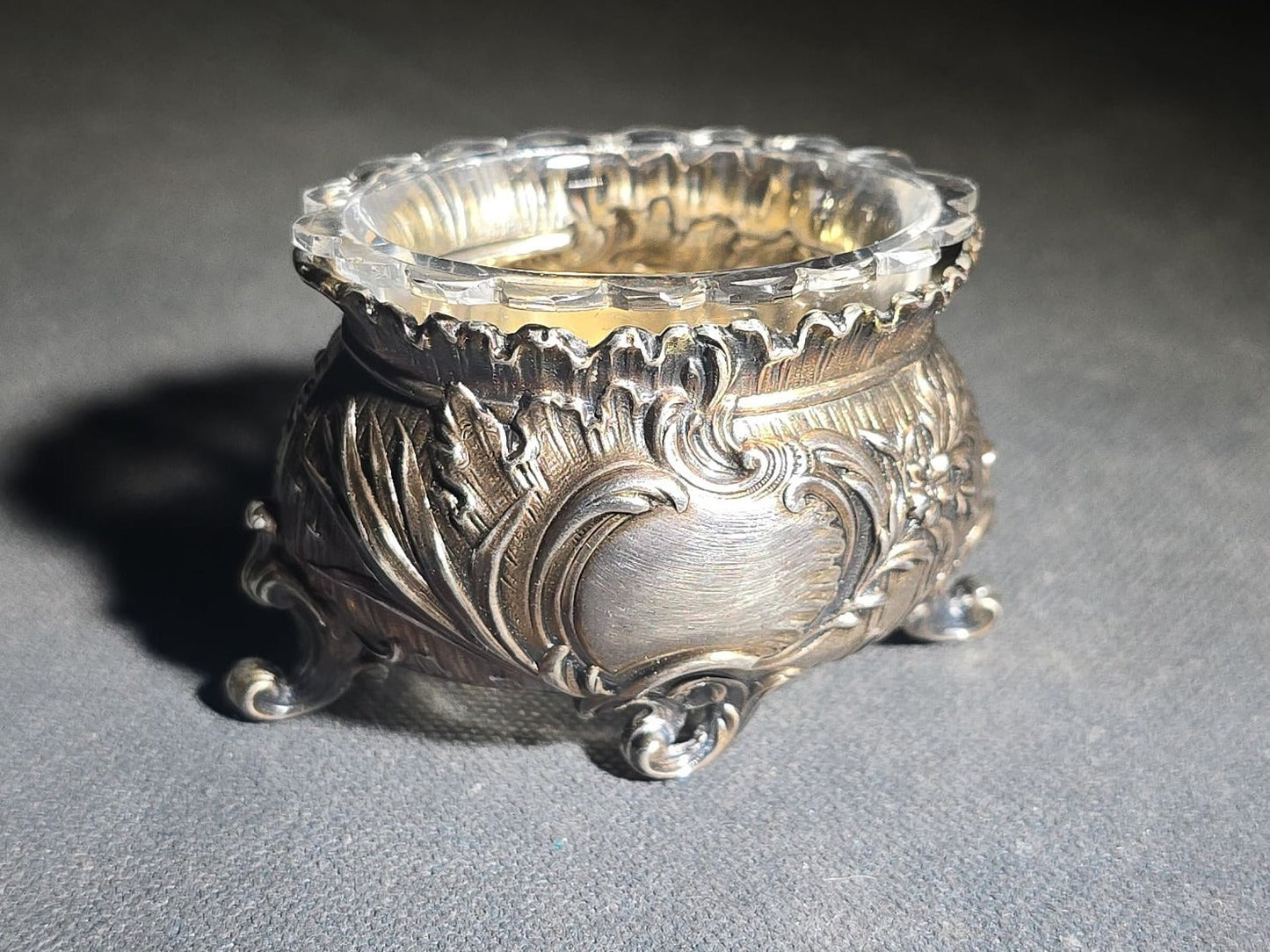 Two Pairs of Antique Open Salt Cellars with Glass Inserts in Rococo and Neoclassical Styles, Note Chips to All Four Glass Inserts