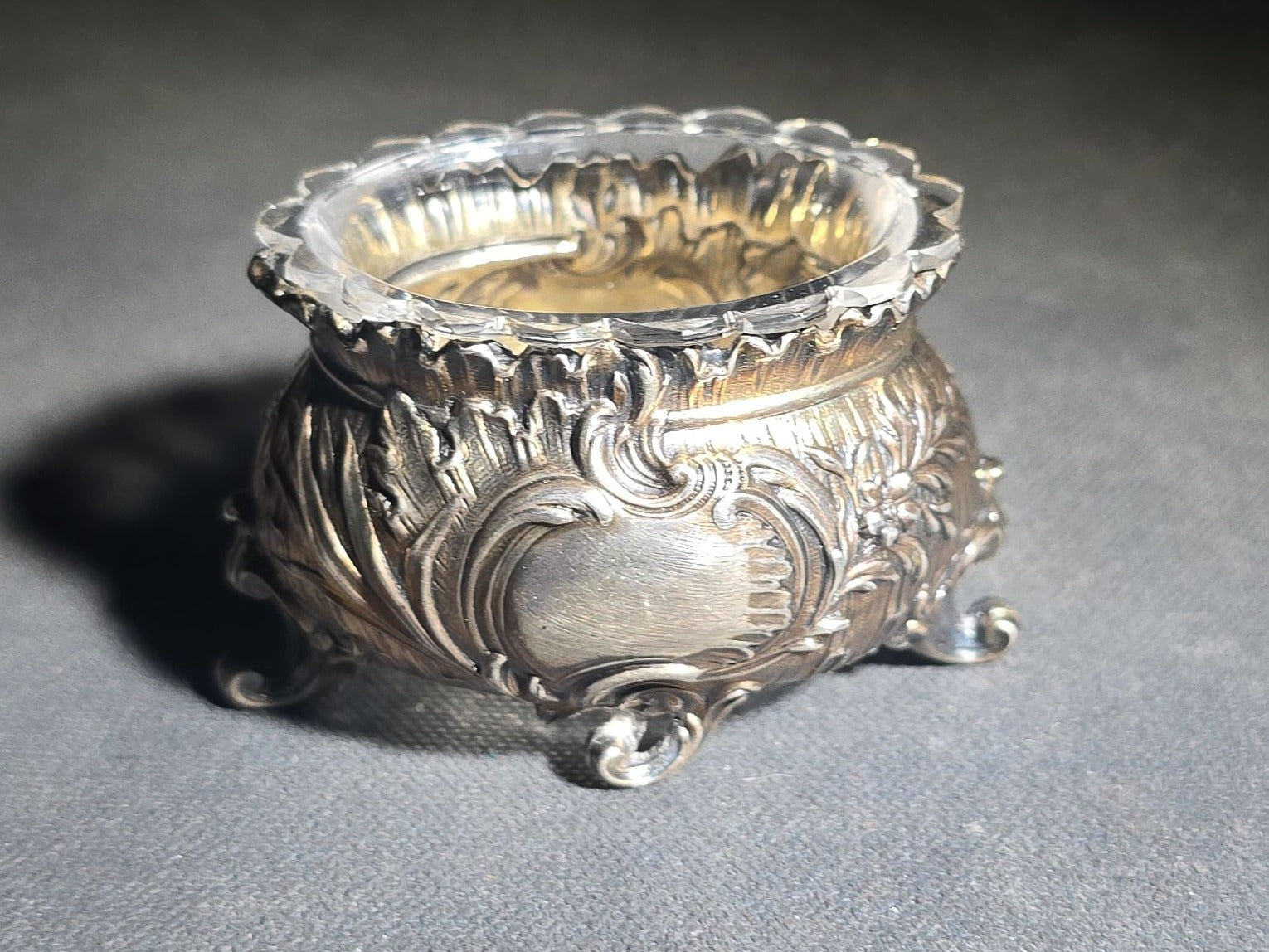 Two Pairs of Antique Open Salt Cellars with Glass Inserts in Rococo and Neoclassical Styles, Note Chips to All Four Glass Inserts