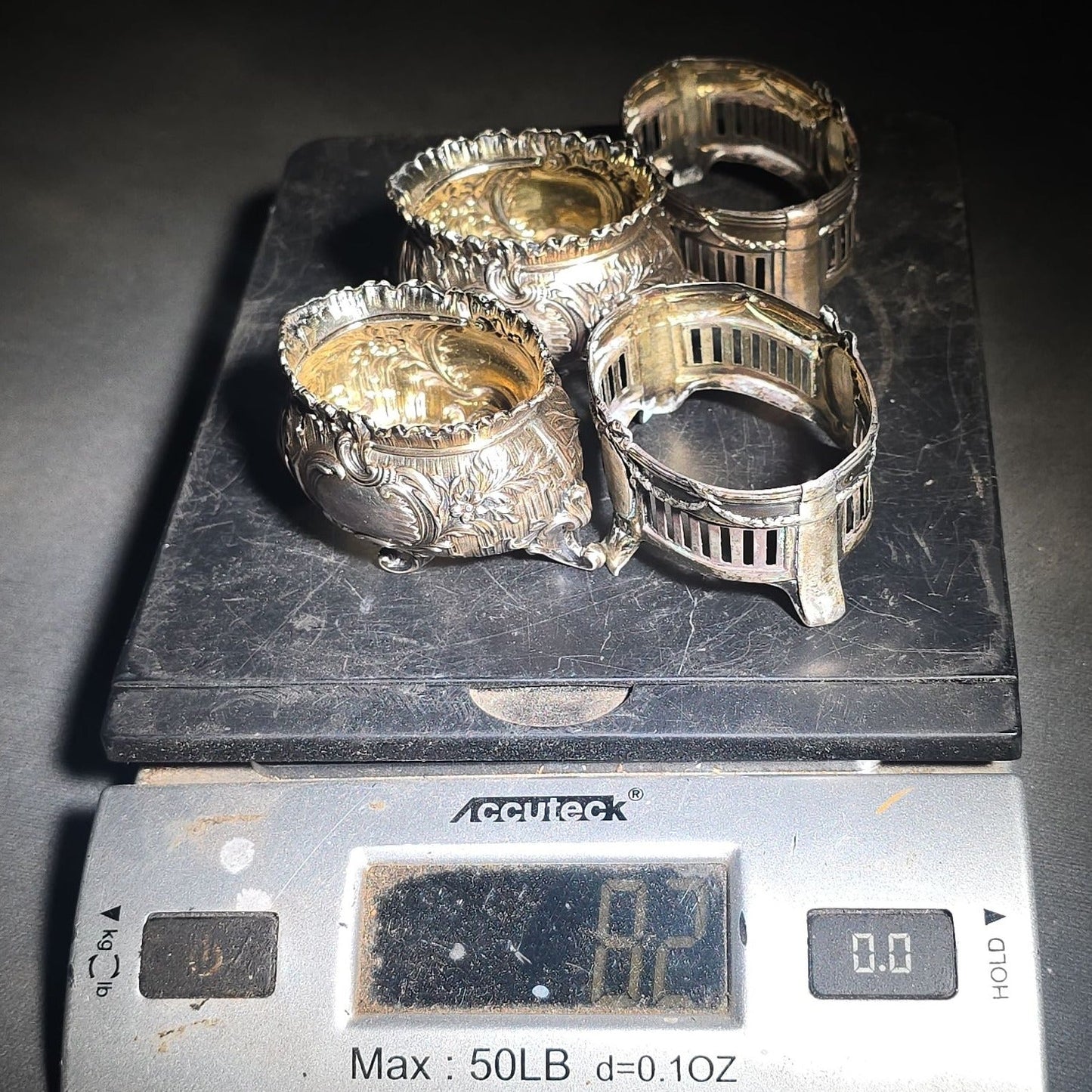 Two Pairs of Antique Open Salt Cellars with Glass Inserts in Rococo and Neoclassical Styles, Note Chips to All Four Glass Inserts