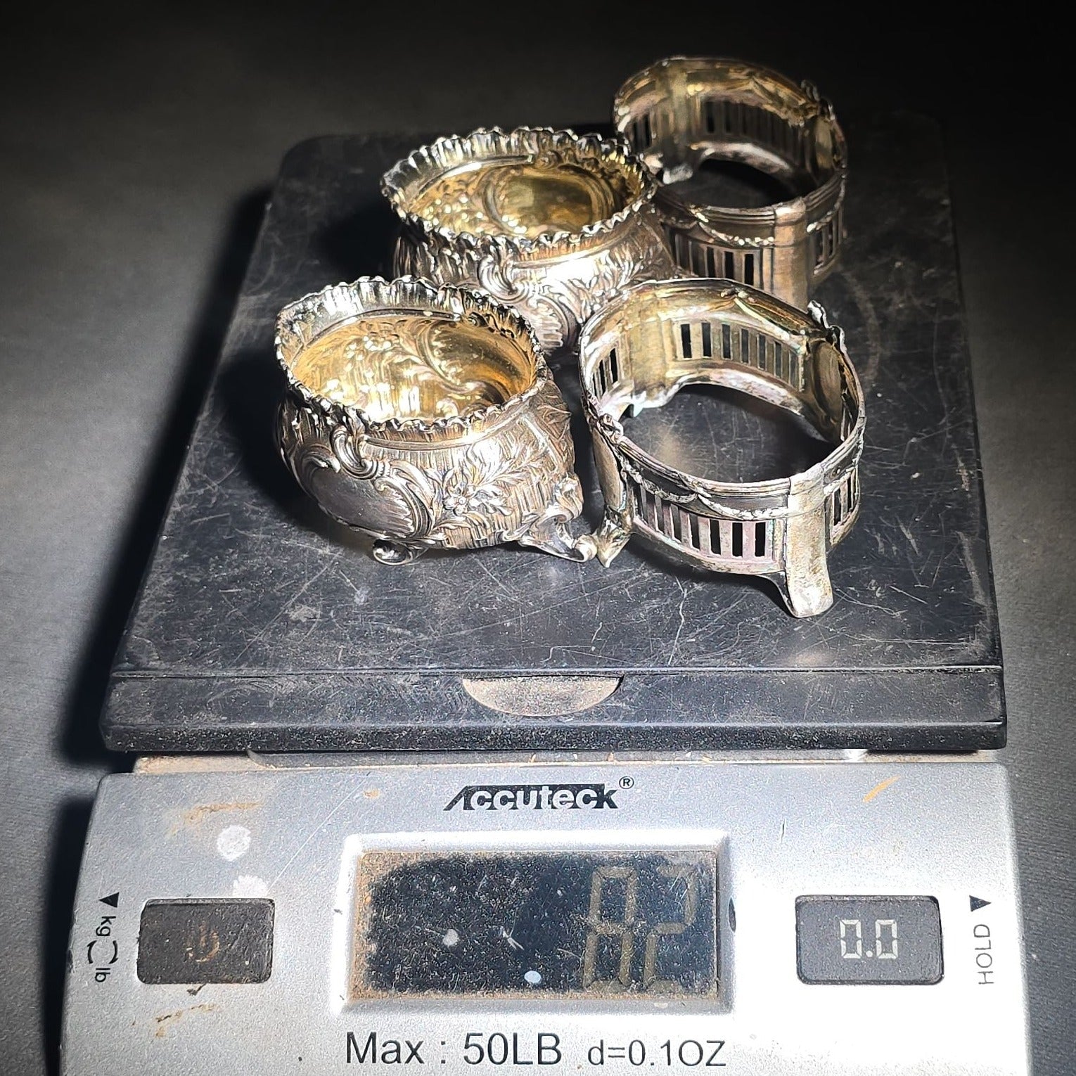 Two Pairs of Antique Open Salt Cellars with Glass Inserts in Rococo and Neoclassical Styles, Note Chips to All Four Glass Inserts