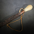 Lot 023 - Antique Walking Cane with Bone Knob Handle, Naturalistic Bark Shaft, and Leather Wrist Strap, 35" H