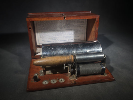 Antique New No. 4 Home Medical Apparatus Electrotherapy Device in Mahogany Case, Manufactured by J.H. Bunnell & Co., 76 Cortlandt Street, New York