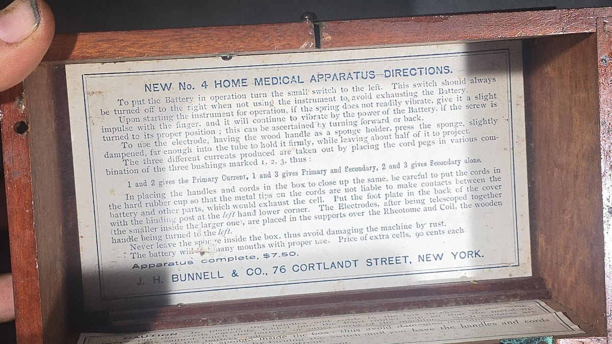 Antique New No. 4 Home Medical Apparatus Electrotherapy Device in Mahogany Case, Manufactured by J.H. Bunnell & Co., 76 Cortlandt Street, New York