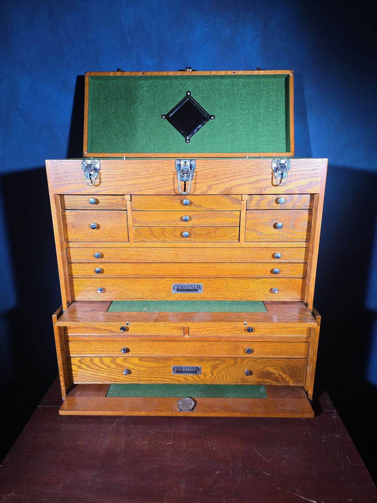 Vintage Oak Machinist's Tool Chest with Matching Base and Contents, Manufactured by Gerstner International, Dayton, Ohio