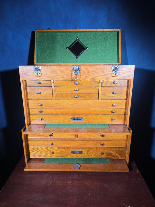 Vintage Oak Machinist's Tool Chest with Matching Base and Contents, Manufactured by Gerstner International, Dayton, Ohio