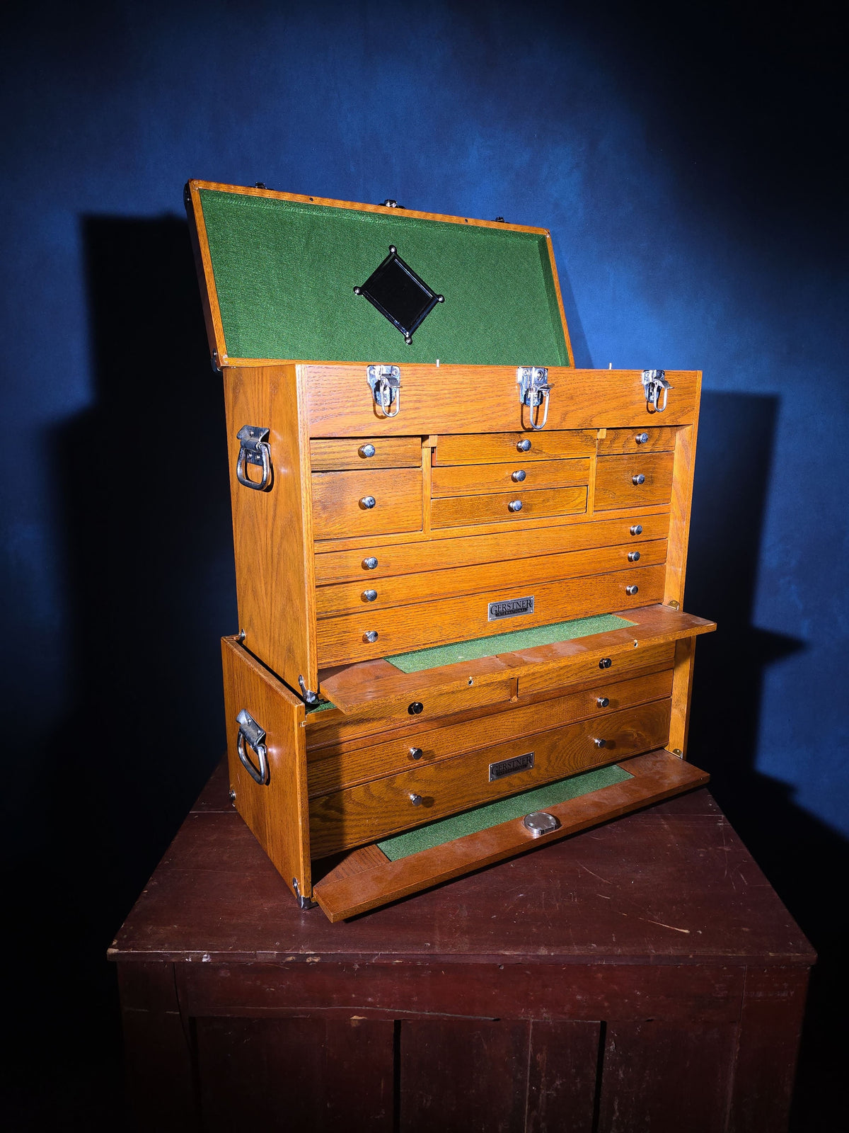 Vintage Oak Machinist's Tool Chest with Matching Base and Contents, Manufactured by Gerstner International, Dayton, Ohio