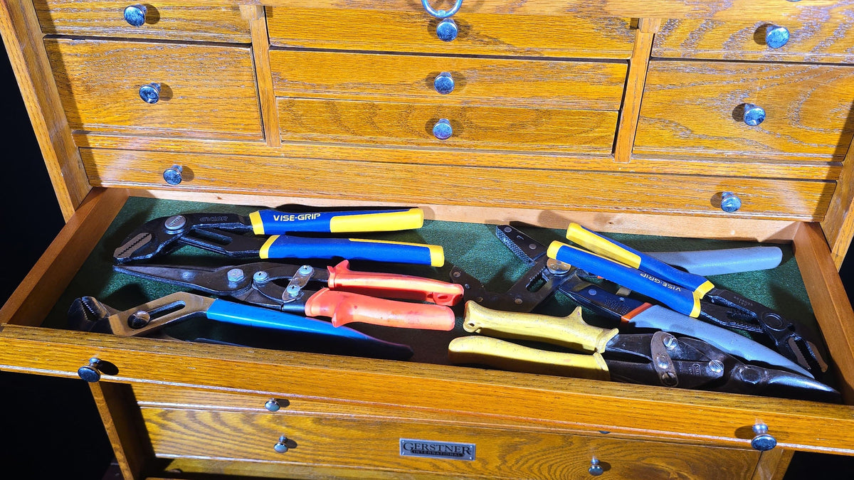 Vintage Oak Machinist's Tool Chest with Matching Base and Contents, Manufactured by Gerstner International, Dayton, Ohio
