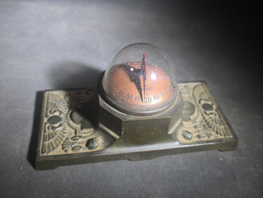 Antique Thermo Vane Dome Desk Thermometer with Egyptian Revival Winged Sun Disc and Lotus Motif Base, Manufactured by Schaeffer & Budenberg, Brooklyn, New York