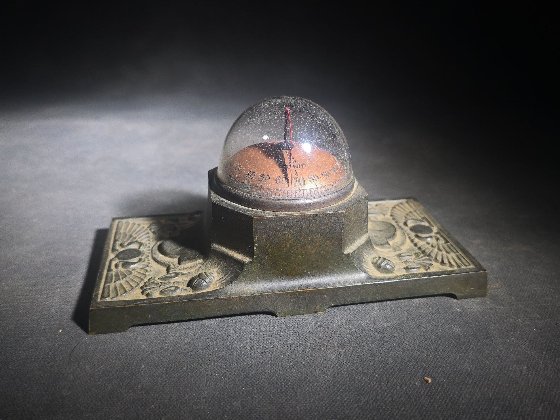 Antique Thermo Vane Dome Desk Thermometer with Egyptian Revival Winged Sun Disc and Lotus Motif Base, Manufactured by Schaeffer & Budenberg, Brooklyn, New York