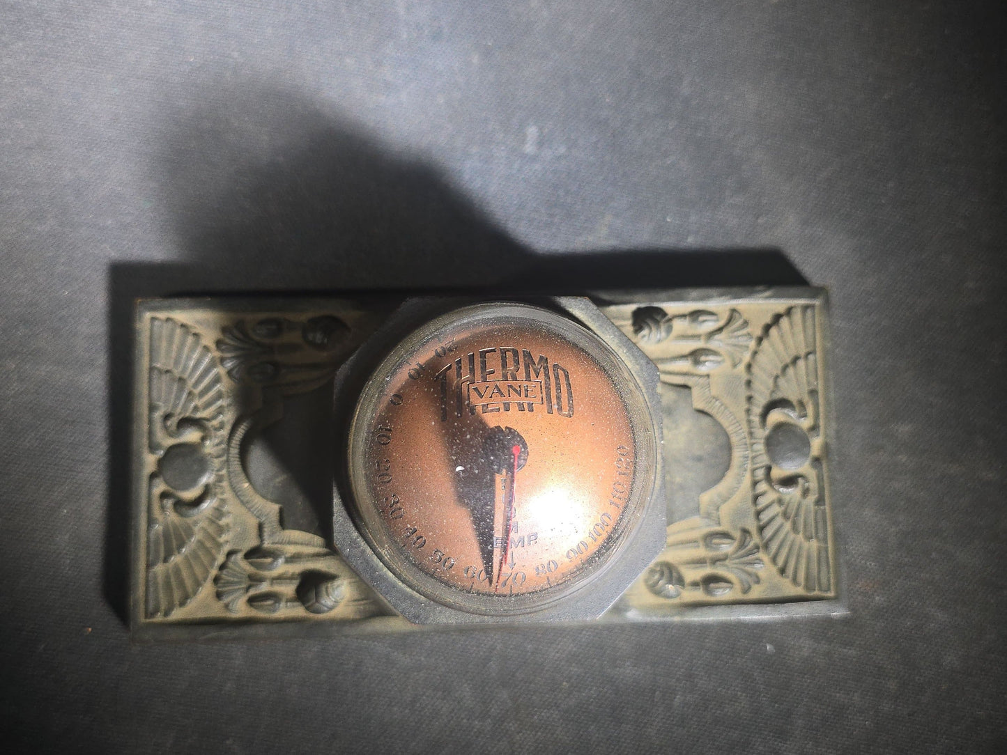 Antique Thermo Vane Dome Desk Thermometer with Egyptian Revival Winged Sun Disc and Lotus Motif Base, Manufactured by Schaeffer & Budenberg, Brooklyn, New York