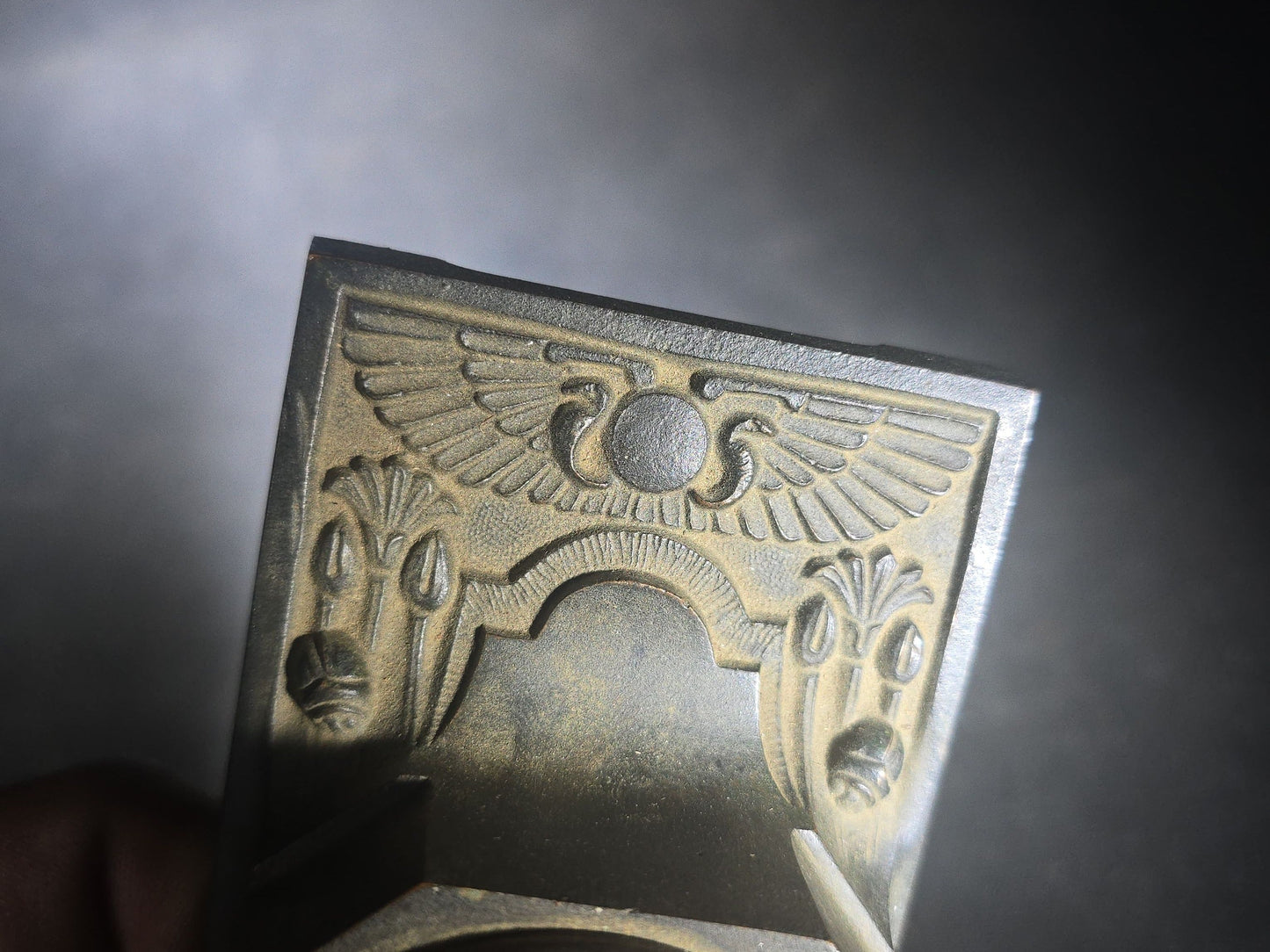 Antique Thermo Vane Dome Desk Thermometer with Egyptian Revival Winged Sun Disc and Lotus Motif Base, Manufactured by Schaeffer & Budenberg, Brooklyn, New York
